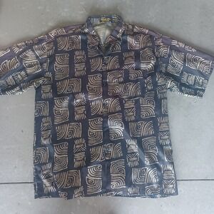 Thai Silk Vintage Tribal Print Shirt Siew Chang Huat Black Gold Short‎ Sleeve